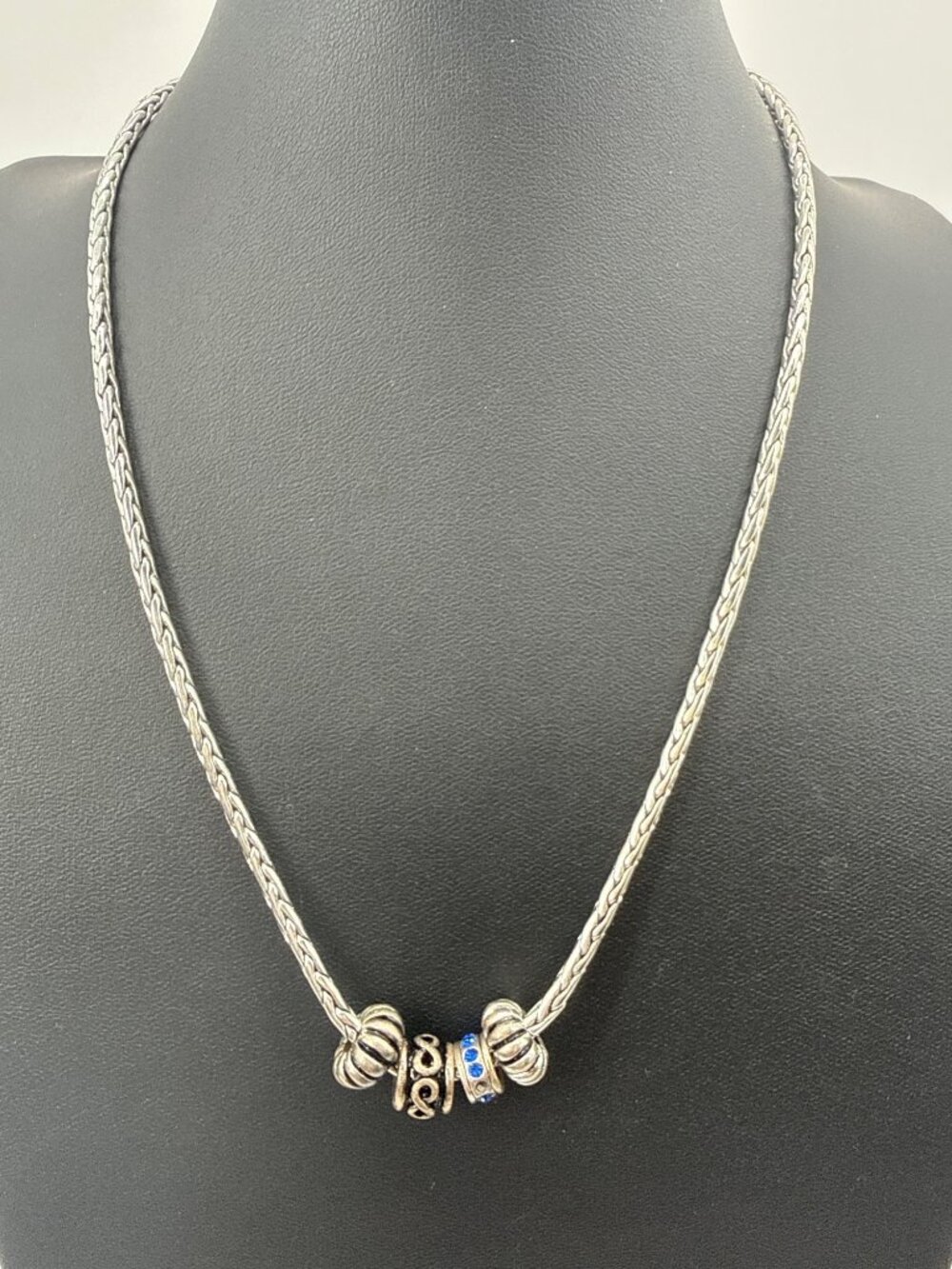 DaVinci Beads Silvertone Foxtail Chain Necklace Blue Crystal Scroll Slide Charms